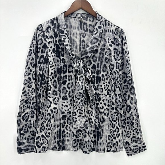 Mia Via Blouse Womens Long Sleeve Button Down Tie Neck Animal Print Black Gray L - Picture 1 of 11